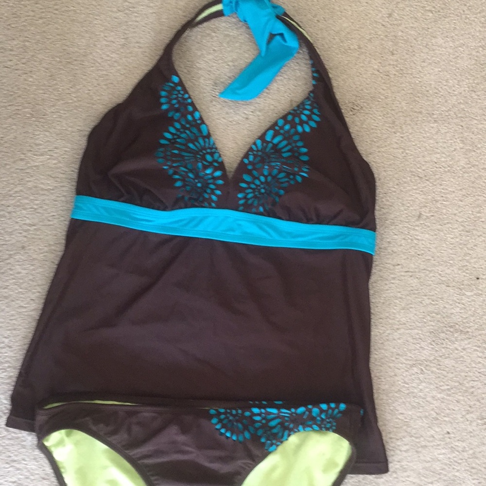 Athleta Brown/Teal Tankini 38D/36DD tall, bottom L